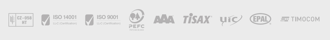 Získané certifikáty společnosti KLAUS Timber a.s. - CZ-058 HT, ISO 14001, ISO 9001, PEFC, TISAX, AAA, UIC, EPAL, TIMOCOM
